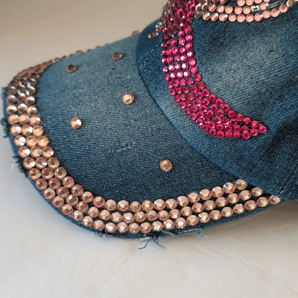 Distressed Pink Ribbon Breast Cancer Awareness Blue Denim Cap